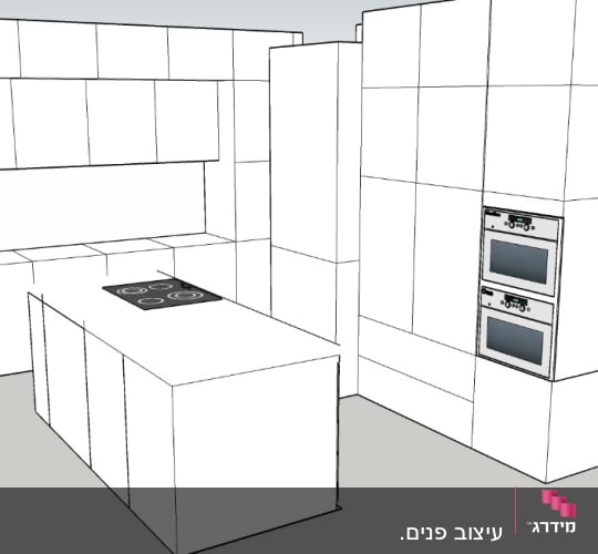 מטבח מודרני עם ארונות לבנים ותנורים מובנים